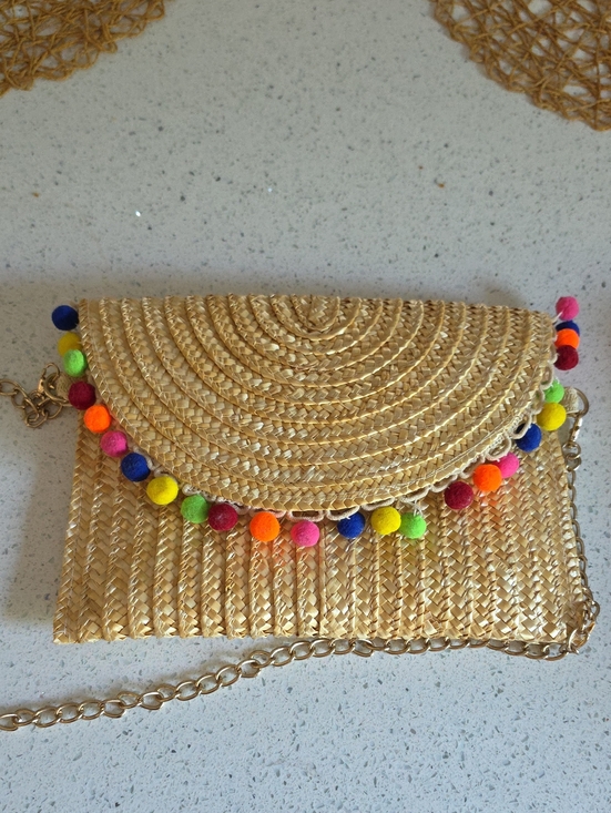 Handbags - Straw Pom-Pom Crossbody Clutch - Natural